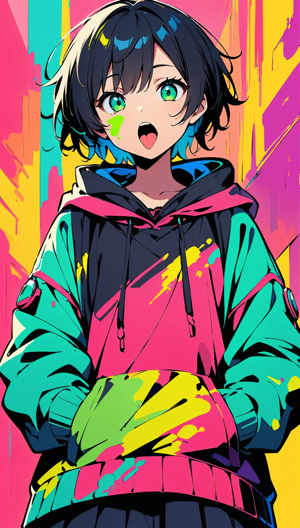 (high quality, 8k, 4K, High Contrast, masterpiece:1.2, 最high quality, Best aesthetics), (Dynamic Angle), ((Standing anime girl)), (Lolita,boyish, 13 years old:1.3),expressionless, , Androgynous charm, (Very short hair), ((Black Hair)), Messy Hair, Green Eyes, cyber punk, Flat Color, Colorful art,hooded jacket, Put your hands in your pockets,(open mouth:1.4),tongue out, Looking at the audience, from front, Upper Body, Colored Background, High Contrast, Contrasting colors, Cowboy Shot,Paint on face