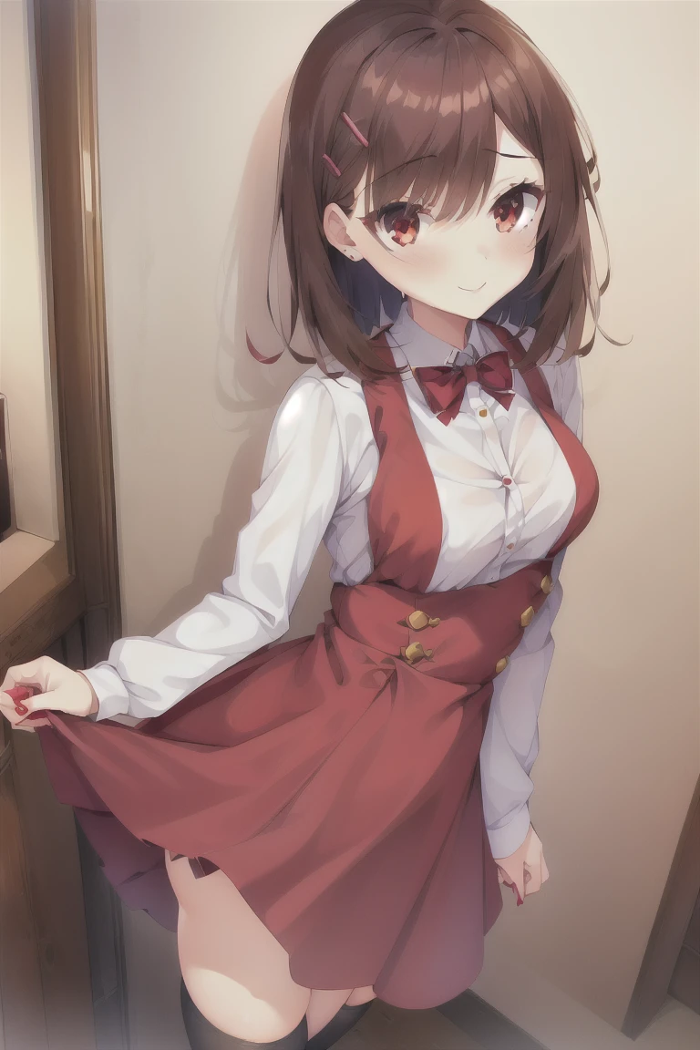 1girl,high_resolution,indoors,hand_up,bangs,(red_dress:1.3),bob_hair,brown_hair,独奏,blush,breasts,eyebrows_ass visible_through_hair,short_hair,smile,red_eyes,looking_at_viewer,thighhighs,medium_hair,thighs,hair_ornament,hairclip,medium_breasts,shoes,zettai_ryouiki,expensive_solve, clear_image, expensive_Contrast, 8k, Sparkling, beautiful_detailed_face_and_eye, (Brown Hair:1.25), 白 eye,