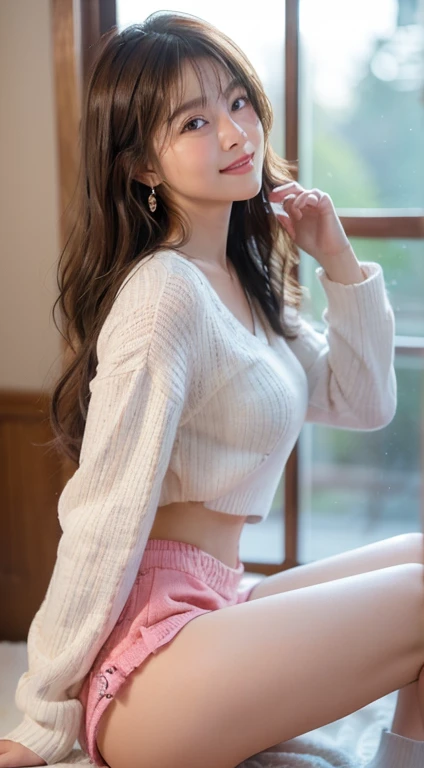(Tabletop: 1.3), (Maximum resolution: 1.2), (Ultra HD TV: 1.2), Cinematic light, Ultra HD TV, (Fine grain and skin), (Detailed facial features), Hmph, 8K resolution, Sharp focus: 1.2, Perfect Style, Beautiful Face, Perfect body, Accurate, Anatomically correct, Highly detailed face and skin texture, Fine grain, Dark blue eyes, double eyelid, Thin eyebrows, Glitter Eyeliner: 1.2, Natural Cheeks, Shiny skin, Fair skin: 1.2, Shiny little necklace and earrings, (Glossy Lips: 1.4), break, First Person View, (She is a very cute female teacher), (Pink lace panties), (Captivating smile: 1.2), ((Pure and cute girl:1.3)), (Long Wavy Hair), (Light Brown Hair:1.2), (Cowboy Shot: 1.2), break, ((Very close relationship: 1.2)), Medium large breasts, ((View your viewers:1.2)), ((Hot Spring Trip:1.2)), ((Bend your knees and open your legs wide:1.2)), (From the side:1.2),Low angle shot,Full Body Shot A light-colored, long-sleeved, tight-fitting sweater Tight Denim Mini Skirt Embarrassed look Kamimei