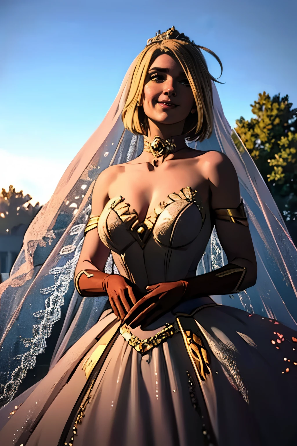 Supergirl DC, hair between eyes, ahoge, blonde hair, star \(symbol\), hair ornament, ruffled tulle dress, cleavage, bare shoulders, collarbone, long black elbow gloves, black gloves, black dress, black choker, strapless, tiara, veil, strapless dress, princess dress, veil, beautiful woman, perfect body, perfect breasts, wearing a princess dress, ball gown, in the park trees, wedding decorations, a warm smile, realism, masterpiece, textured skin, super detail, high detail, high quality, best quality, 1080p, 16k