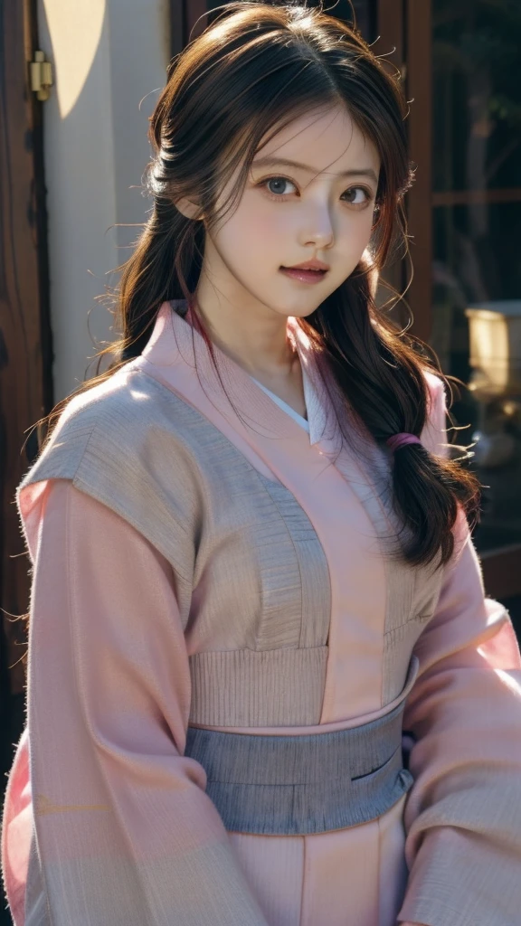 anime, High resolution, Soft Light, ((Highest quality)), ((masterpiece)), (detailed), kamado nezuko, cute, (Little:0.7), Black Hair, amount, Bit Gag, Gagged, pink eyes, Very long hair, Hair Ribbon, kimono, pink kimono, Multicolored Hair, pink ribbon, in_box, From the side, (sleeve_past_wrist:1.1), looking at viewer, Kimetsu no Yaiba style,