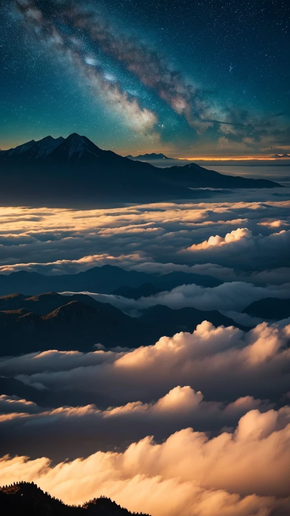 Mountainの頂上から見下ろすと、The sea of clouds spreads、A magnificent landscape with countless stars shining above。The night sky is full of stars々blinked、The sea of clouds spreads out silently。Mountain々I can see the silhouette of、A nighttime scene that exudes a mysterious and fantastical atmosphere。