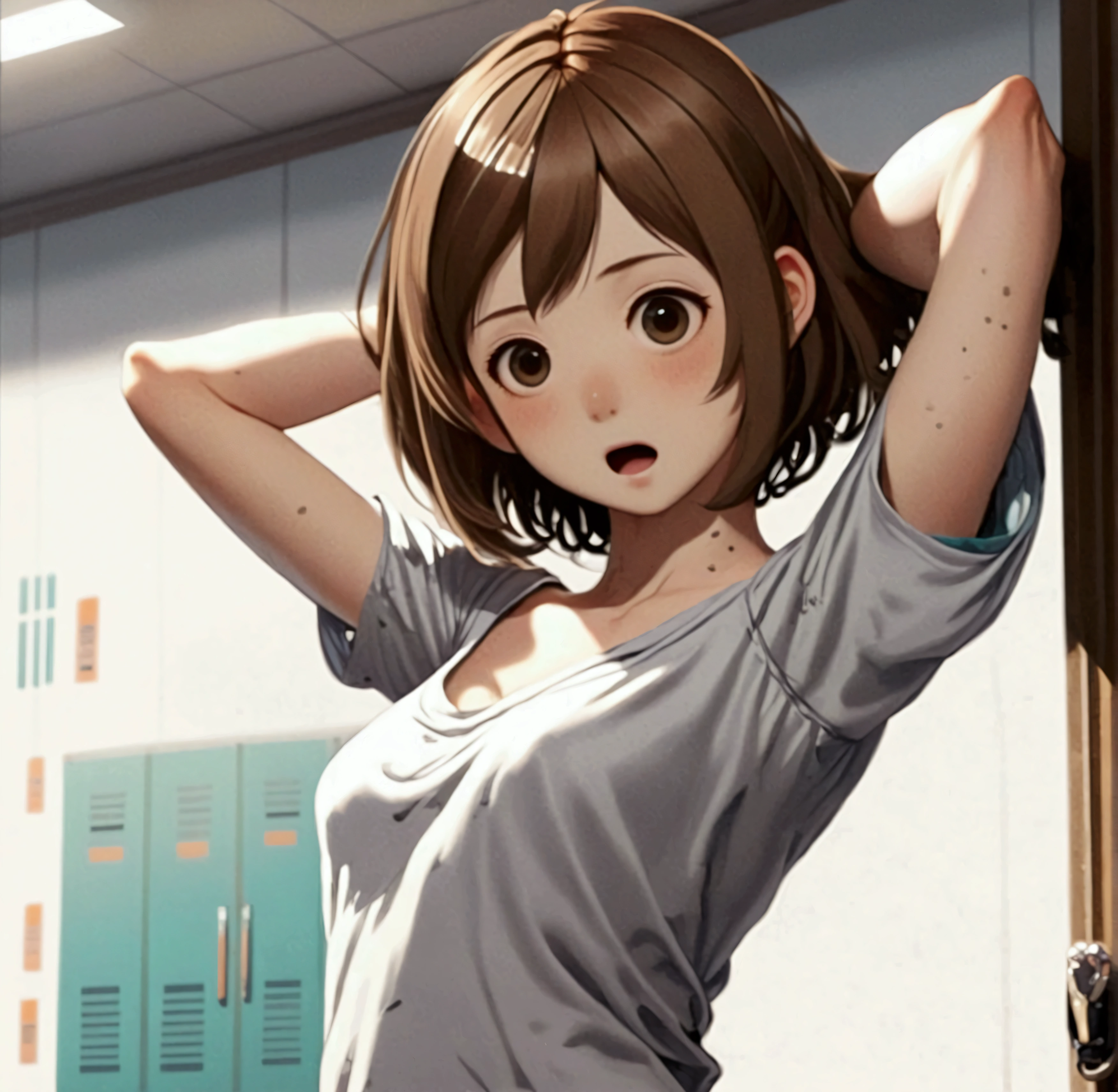 masterpiece, best quality, realistic, hyper-detailed, (shiny skin, sweaty:1.4), absurd, slender, small breasts, looking at viewer, 1girl, solo, tennis wear, white polo shirt, white sneakers, white miniskirt, very short hair, orange brown hair, black eyes, (thick thighs:0.6), dynamic lighting, high resolution, sharp focus, depth of field, detailed eyes, sharp pupils, realistic pupils