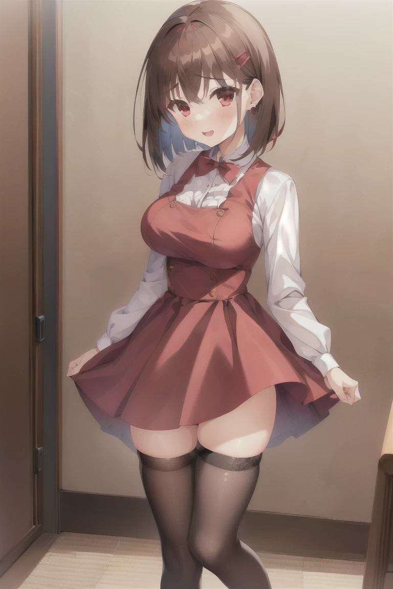 1girl,high_resolution,indoors,hand_up,bangs,(red_dress:1.3),bob_hair,brown_hair,独奏,blush,breasts,eyebrows_ass visible_through_hair,short_hair,smile,red_eyes,looking_at_viewer,thighhighs,medium_hair,thighs,hair_ornament,hairclip,medium_breasts,shoes,zettai_ryouiki,expensive_solve, clear_image, expensive_Contrast, 8k, Sparkling, beautiful_detailed_face_and_eye, (Brown Hair:1.25), 白 eye,