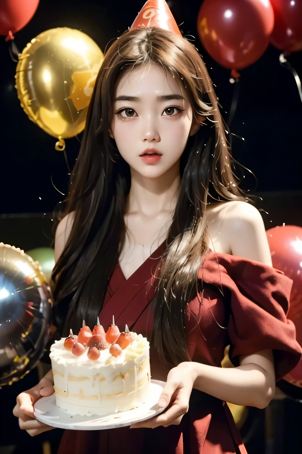 masterpiece、best quality、movie、(Cute Japanese Girl、forehead:1.3)、23 years old、1 girl、elegant、black hair、(dinner:1.1)、Birthday Cake, have, number balloons, colorful background, color explosion, glow in the dark,