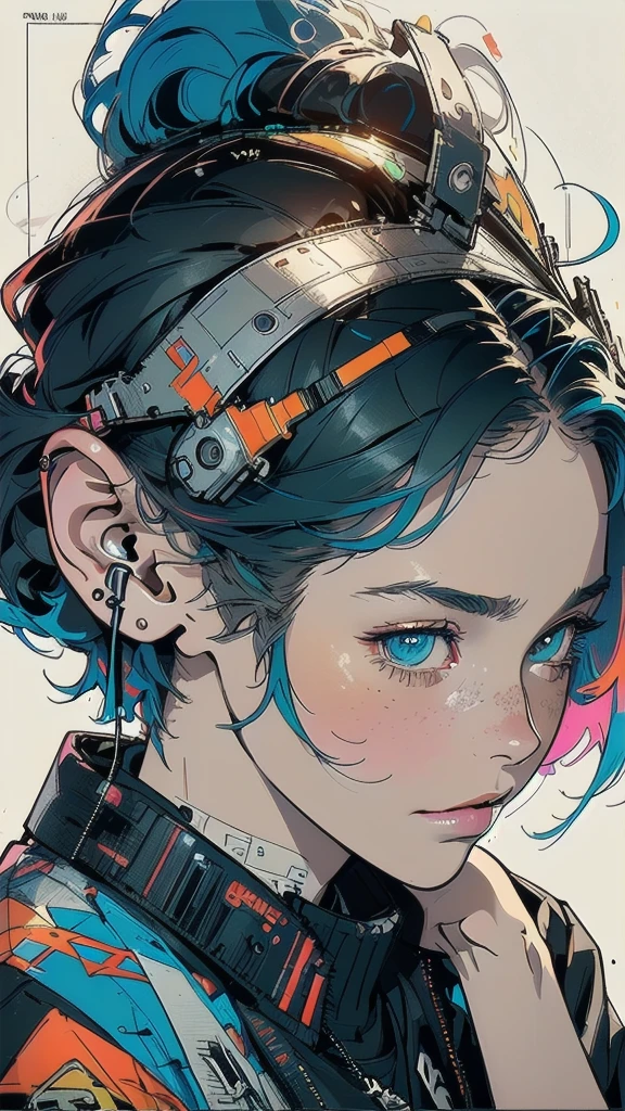 (((masterpiece, highest quality))),(((solo:1.2))),(((1girl:1.2))),32k wallpaper, very detailed, poster, vintage science fiction,(((((geometric cinematic movie poster))))), ((bauhaus)),(shape),(((abstract))),(mid century modern),(((((portfolio))))),(((((Close-up))))),(((((bust up))))),((((more various angle)))),((((highlight)))),((((heterochromia)))),(((complete. detailed face))),((((Extremely talented)))),(((((most complecated futristic machine))))),(Colorful color scheme),(((detailed unlimited complete equipment : headphone like a rail gun))),(((((Absolutely simple background))))),(((Texture for people : grunge))),(((Cheek resting on hand))),((Rest on your chin)))