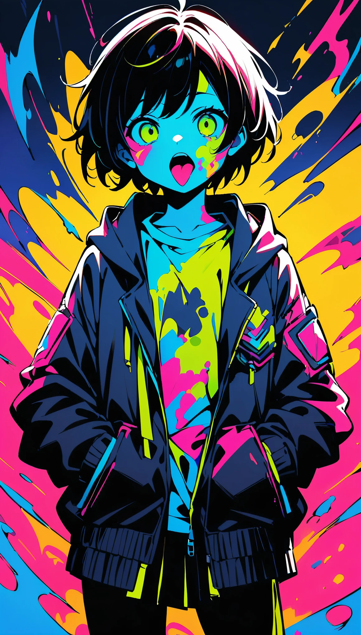 (high quality, 8k, 4K, High Contrast, masterpiece:1.2, 最high quality, Best aesthetics), (Dynamic Angle), ((Standing anime girl)), (Lolita,boyish, 13 years old:1.3),expressionless, , Androgynous charm, (Very short hair), ((Black Hair)), Messy Hair, Green Eyes, cyber punk, Flat Color, Colorful art,hooded jacket, Put your hands in your pockets,(open mouth:1.4),tongue out, Looking at the audience, from front, Upper Body, Colored Background, High Contrast, Contrasting colors, Cowboy Shot,Paint on face, middle finger