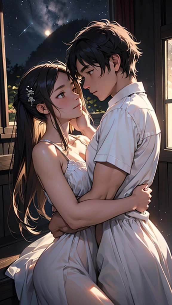 On a warm summer day, a couple gazes at the night sky from the window of their quaint cottage. Above them, the stars twinkle like diamonds against the inky backdrop, casting a soft glow over the lovers' faces. The scene is captured in a stunning painting, where the amorous pair's silhouettes are illuminated by the moonlight filtering through the sheer curtains. The artist has expertly portrayed the tranquil scene with exquisite detail, capturing the delicate interplay of light and shadow to evoke a sense of romance and serenity. This image is a masterpiece, a visual symphony of love and nature that transports the viewer to a world of beauty and tranquility.