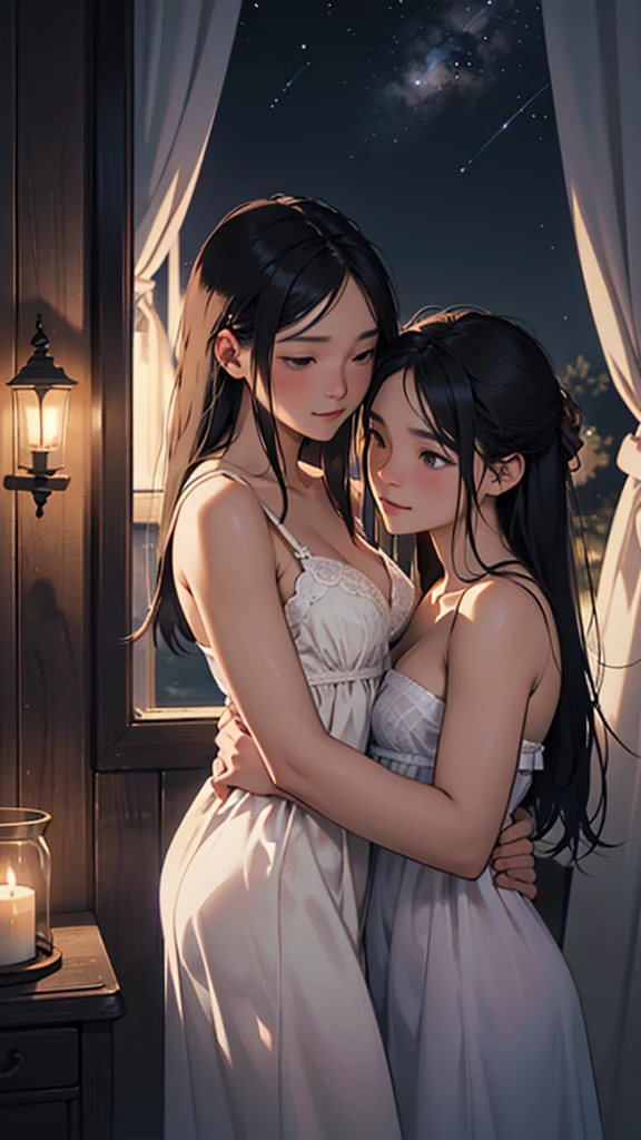 On a warm summer day, a couple gazes at the night sky from the window of their quaint cottage. Above them, the stars twinkle like diamonds against the inky backdrop, casting a soft glow over the lovers' faces. The scene is captured in a stunning painting, where the amorous pair's silhouettes are illuminated by the moonlight filtering through the sheer curtains. The artist has expertly portrayed the tranquil scene with exquisite detail, capturing the delicate interplay of light and shadow to evoke a sense of romance and serenity. This image is a masterpiece, a visual symphony of love and nature that transports the viewer to a world of beauty and tranquility.