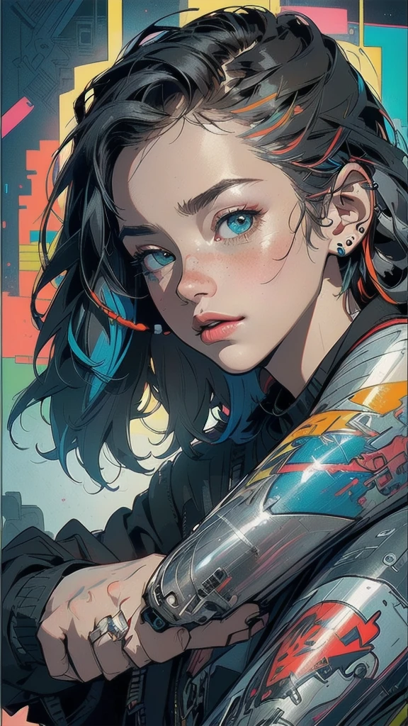 (((masterpiece, highest quality))),(((solo:1.2))),(((1girl:1.2))),32k wallpaper, very detailed, poster, vintage science fiction,(((((geometric cinematic movie poster))))), ((bauhaus)),(shape),(((abstract))),(mid century modern),(((((portfolio))))),(((((Close-up))))),(((((bust up))))),((((more various angle)))),((((highlight)))),((((heterochromia)))),(((complete. detailed face))),((((Extremely talented)))),(((((most complecated futristic machine))))),(Colorful color scheme),(((detailed unlimited complete equipment : headphone like a rail gun))),(((((Absolutely simple background))))),(((Texture for people : grunge))),(((Cheek resting on hand))),((Rest on your chin)))