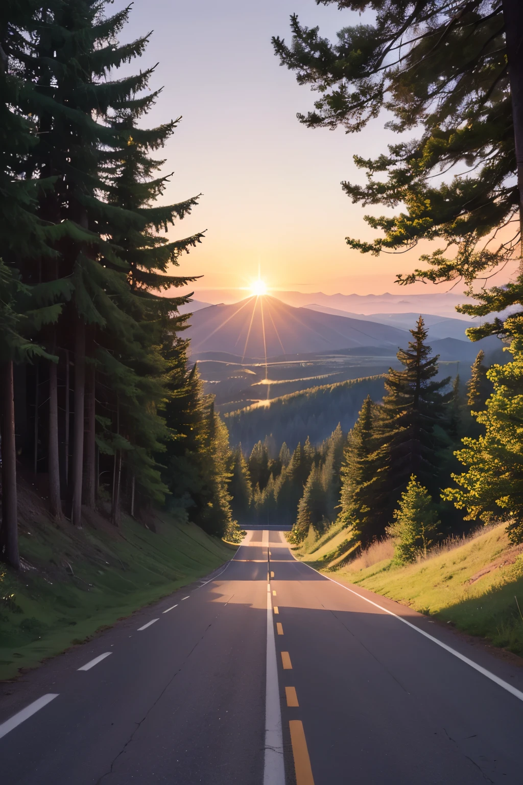 landscape view of a forested hills area from the top of a smaller hill. a straight gravel road in the center slopes down the hill towards an asphalt intersection. everywhere without roads is covered by trees of both pine and leaves. the horizon is partially blocked by a tall hill covered in forests in the near distance. the sun is rising on this early summer day, a warm gentle breeze flows past us and sways the branches. dense blackberry bushes surround the gravel road