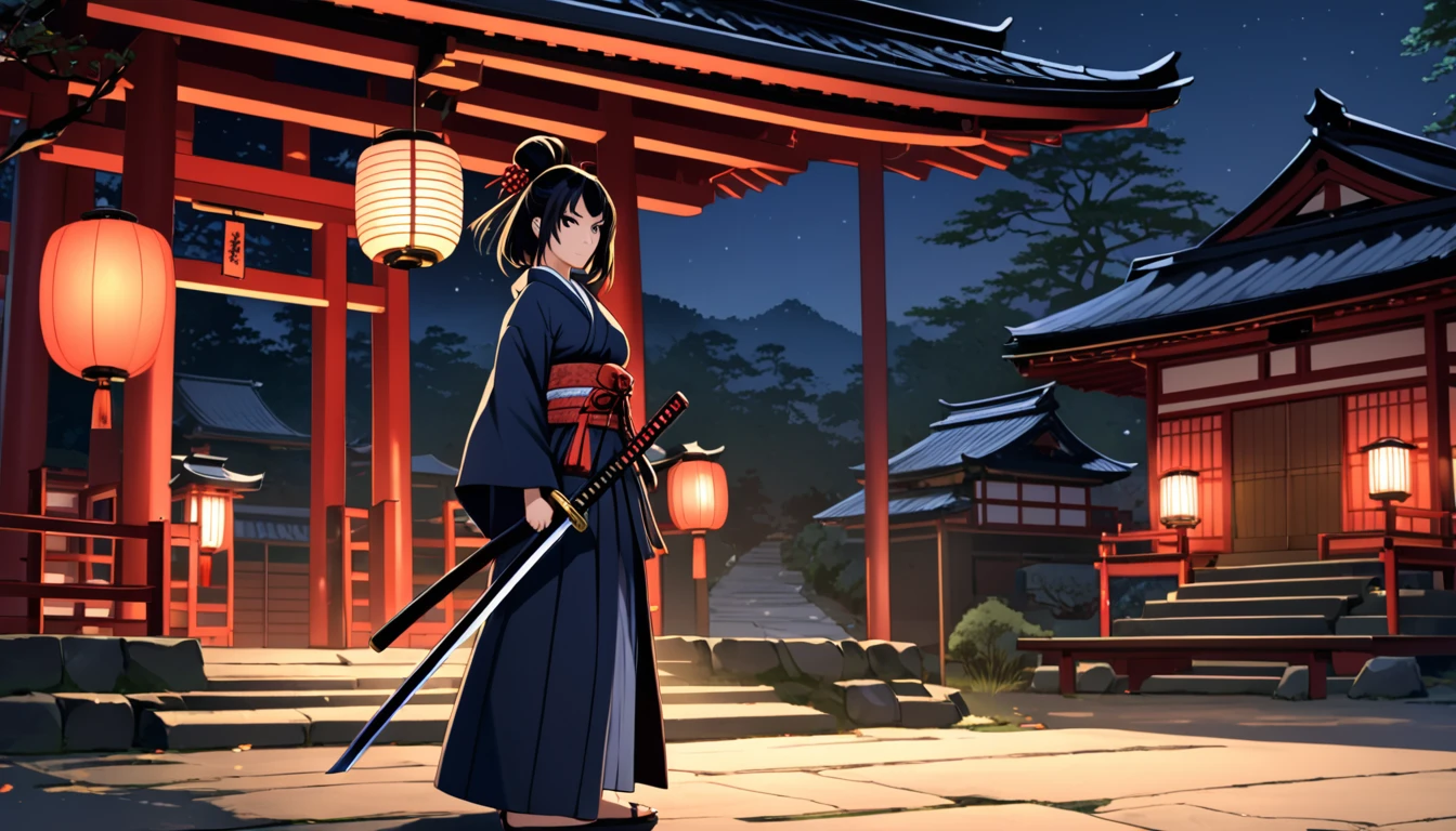 "Samurai woman with a long katana, set at night with a shrine in the background."