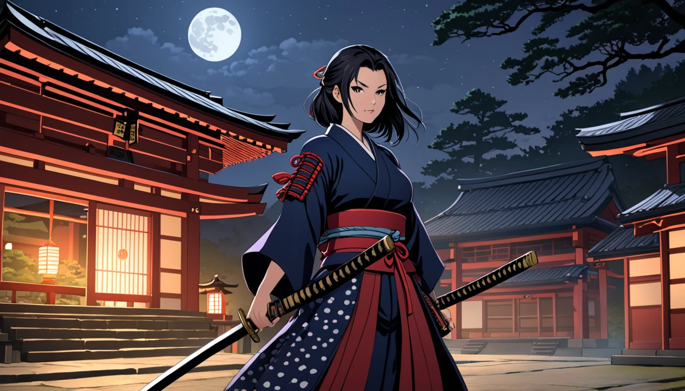 "Samurai woman with a long katana, set at night with a shrine in the background."