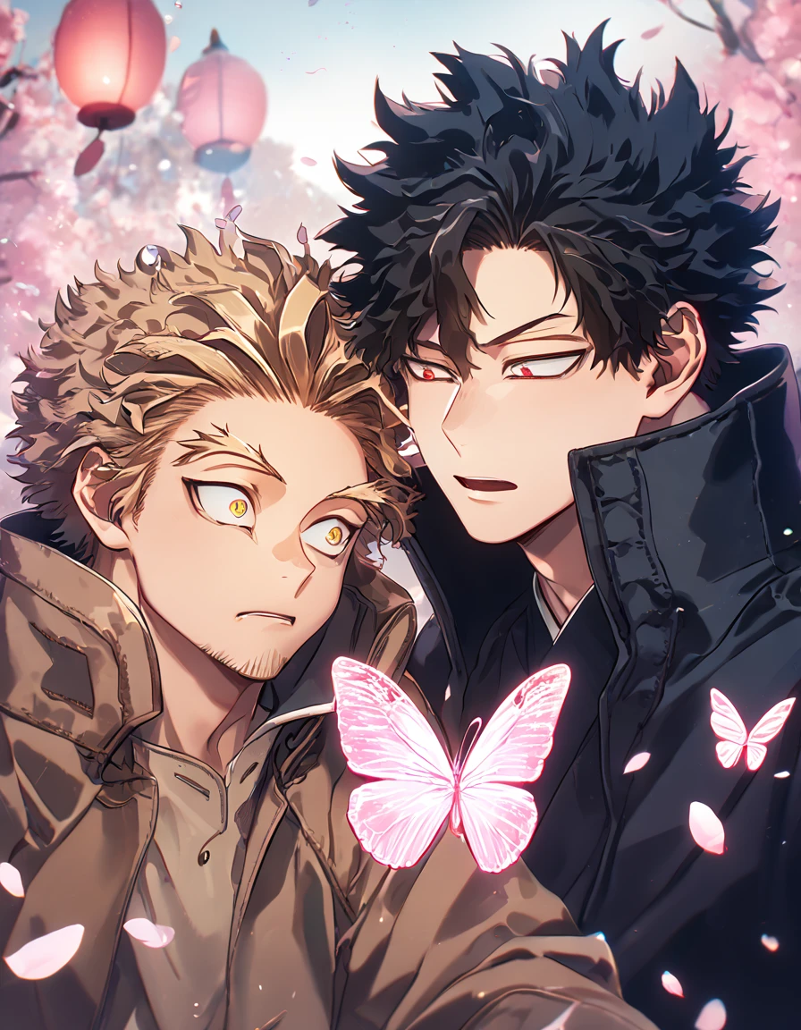 absurd resolution, high resolution, ultra detailed, detailed eyes, delicated features, extremely detailed, HDR, 8K, Hawks, ash-blonde hair, expressive golden eyes, Boku No Hero Academia, Megumi, black hair, messy hair, expressive red eyes, two sexy men together, yaoi, gay couple, handsome, brown coat with fur, black coat, fantasy, cool, magical, pink glittering butterflies, pink dust flying around, pink flowers, pink petals, pink lanterns, pink blossoms