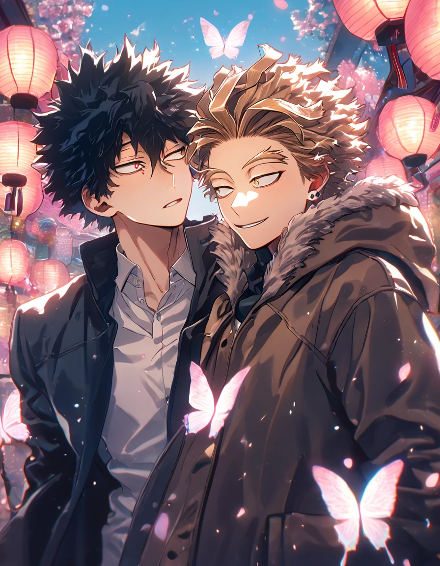 absurd resolution, high resolution, ultra detailed, detailed eyes, delicated features, extremely detailed, HDR, 8K, Hawks, ash-blonde hair, expressive golden eyes, Boku No Hero Academia, Megumi, black hair, messy hair, expressive red eyes, two sexy men together, yaoi, gay couple, handsome, brown coat with fur, black coat, fantasy, cool, magical, pink glittering butterflies, pink dust flying around, pink flowers, pink petals, pink lanterns, pink blossoms