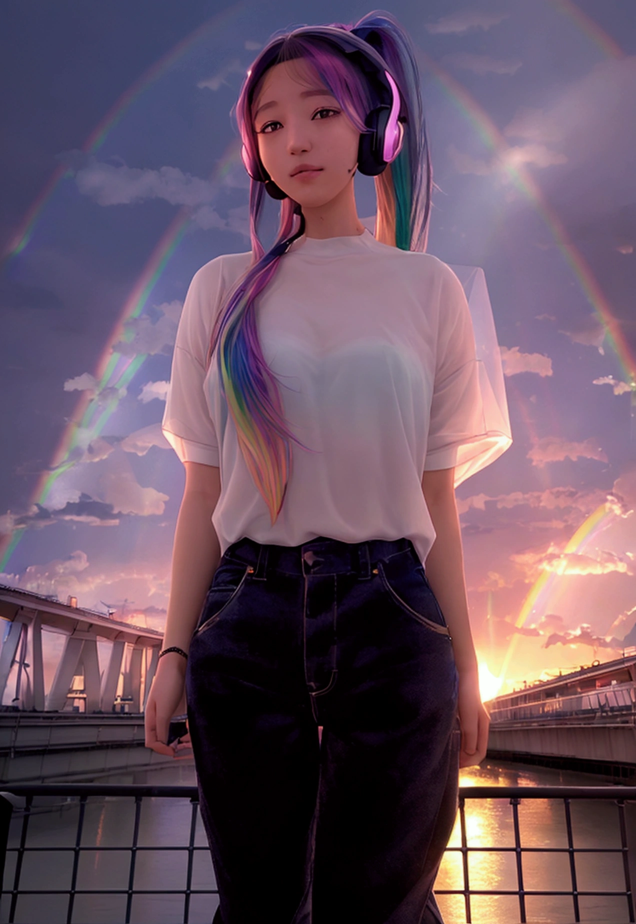 (((A woman standing on Miraibashi Bridge in the evening)))、Prism Transparent Long T-shirt、((ponytail))、(((Rainbow Hair)))、(((wearing futuristic headphones)))、((The big shining sea))、Very beautiful clouds、((Woman at Dusk))(Great views of many cities)、(((With a magnificent sky as a backdrop)))8k,、Future City、Prism Rainbow、Dazzling Sunset、(((Rainbow Light)))、((Various colors mixed together.))、(((Ultra-realistic CG)))、Reflection landscape、Orange overall、((Spectacular clouds and shining rays)))、((Colorful light))、(((たくさんのColorful lightのボール)))、((sexy))