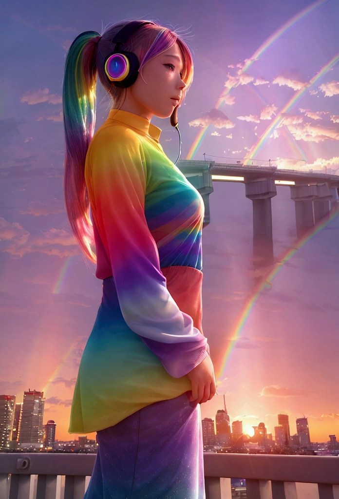 (((A woman standing on Miraibashi Bridge in the evening)))、Prism Transparent Long T-shirt、((ponytail))、(((Rainbow Hair)))、(((wearing futuristic headphones)))、((The big shining sea))、Very beautiful clouds、((Woman at Dusk))(Great views of many cities)、(((With a magnificent sky as a backdrop)))8k,、Future City、Prism Rainbow、Dazzling Sunset、(((Rainbow Light)))、((Various colors mixed together.))、(((Ultra-realistic CG)))、Reflection landscape、Orange overall、((Spectacular clouds and shining rays)))、((Colorful light))、(((たくさんのColorful lightのボール)))、((sexy))
