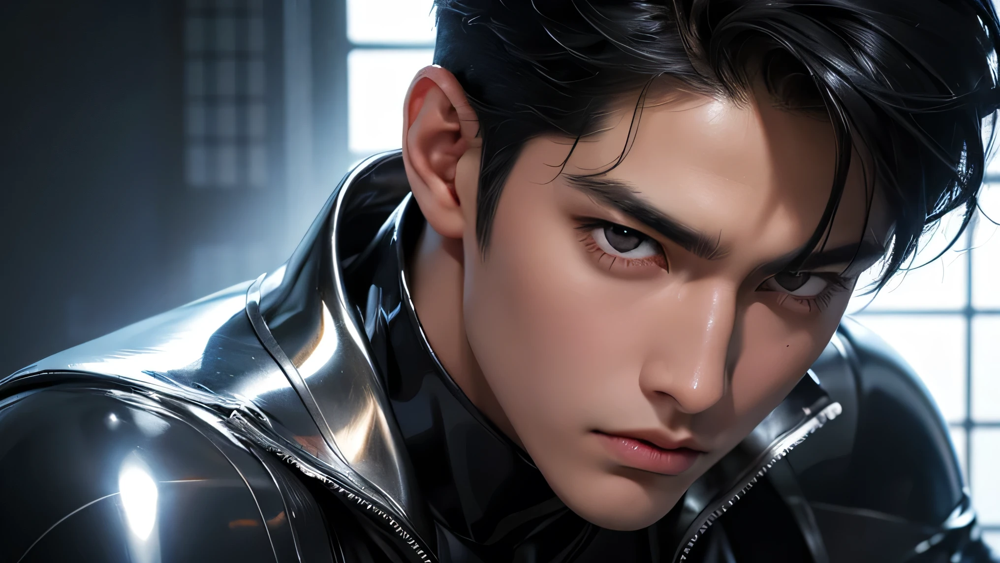 Face close-up Handsome Japanese male handsome model Black Hair Short cut G-I-A-CUT looking at the camera Shiny full-body silver suit Shiny silver latex suit Fierce face Face close-up Handsome future Metal Body grim stare gaze Sad expression