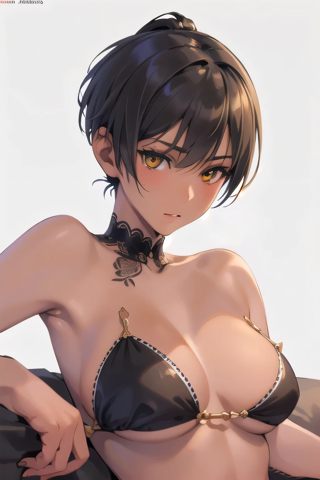 solo, best quality, masterpiece, extremely detailed CG, extremely detailed 8K wallpaper, extremely detailed character, (an extremely delicate and beautiful portrait), portrait, solo, sharp focus, dark skinned tomboy girl with (((sides shaved))) head, black hair, yellow eyes, detailed close-up portrait, head rest pose,bikini,
