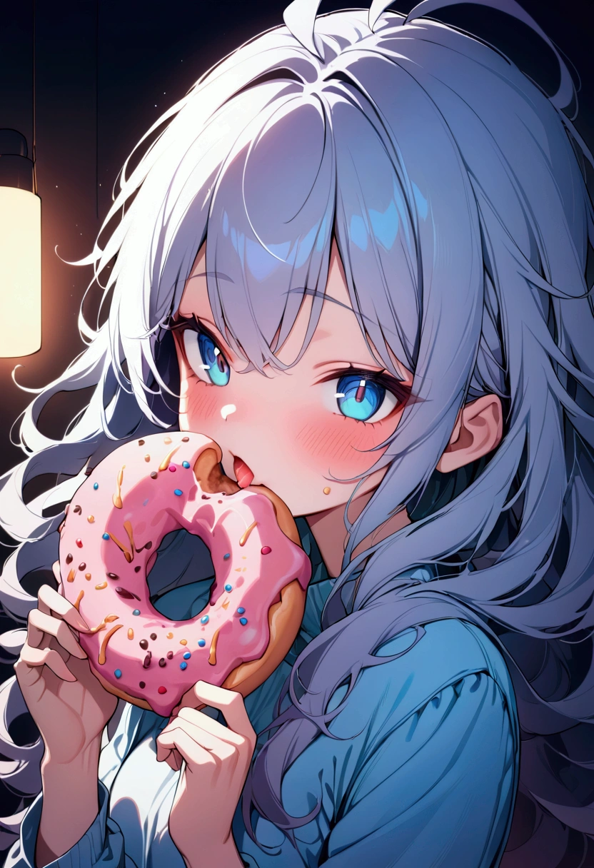 1girl, Eating Donuts, a girl eating delicious donuts, detailed face, beautiful blue eyes, cute expression, mouth open, long eyelashes, messy hair, detailed skin texture, colorful sprinkled donuts, detailed pastry, warm lighting, 8k, highly detailed, masterpiece, best quality, very aesthetic, absurdres