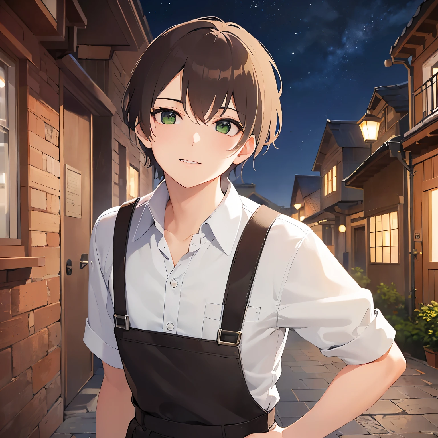 (looking away:1.5),head tilt,Leaning forward、close up,
masterpiece、Highest quality、
BREAK (25-year-old male:1.5) and (Mahogany brown short hair) and (Green Eyes)
 BREAK (white collared shirt) 、apron、
smile,The background is a back alley at night、（Night Sky：1.5）、alone