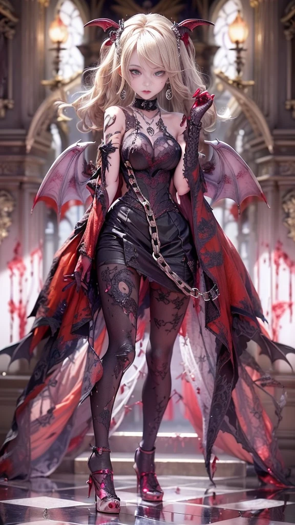 (32K:1.9, Dark fantasy:1.4, Highest quality, masterpiece, Ultra-high resolution), Perfect dynamic composition:1.3, Horror Portrait, chaos, Dark castle interior background:1.3, Prisoner, slave, Dark Demon World, Satanic, (Detailed tattoos on the whole body:1.4, wearing exquisite jewelry:1.4), Very detailedな肌と顔の質感:1.3, Very accurate, Very detailed, (Sexy succubus demon with big wings:1.3, Incredibly slim body:1.3, beautifully、beautiful:1.3), Horn, Fair skin, Sensual posture, Bones piled on the ground, ((Properly dressing badly torn clothing:1.3)), Mid-chest, (Big eyes that exude eroticism:0.4, Feel the intense caress:1.0, Please open your mouth a little, lipstick, Feel the eroticism:0.9, Too sexy:0.9, charm的な:0.9), ((Bloody:1.5, Covered in scars:1.5, Necrosis:1.6, Lots of big chains:1.6, Countless chains tangled in clothes:1.6, Chain your right arm:1.5, Chain the left arm:1.5, The right leg is bound with a shackle and chain:1.5, The left leg is bound with a shackle and chain:1.5)), Super long blonde curly hair, Earrings, necklace, bracelet, romantic, mysterious, elegant, Object of admiration, original, dramatic, artistic, Innovative, charm, Heartful, Fancy, sense of exaltation, Feelings of despair, sense of openness, sense of cleanliness, special, exciting, grotesque, Extreme, Tilt, sense of loss, sorrow, sorrowの表現, ((悪魔のcharm, 女性的なcharm))