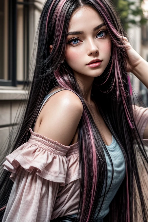 a beautiful young woman, long black hair and pink highlights, blue eyes.