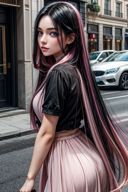a beautiful young woman, long black hair and pink highlights, blue eyes.
