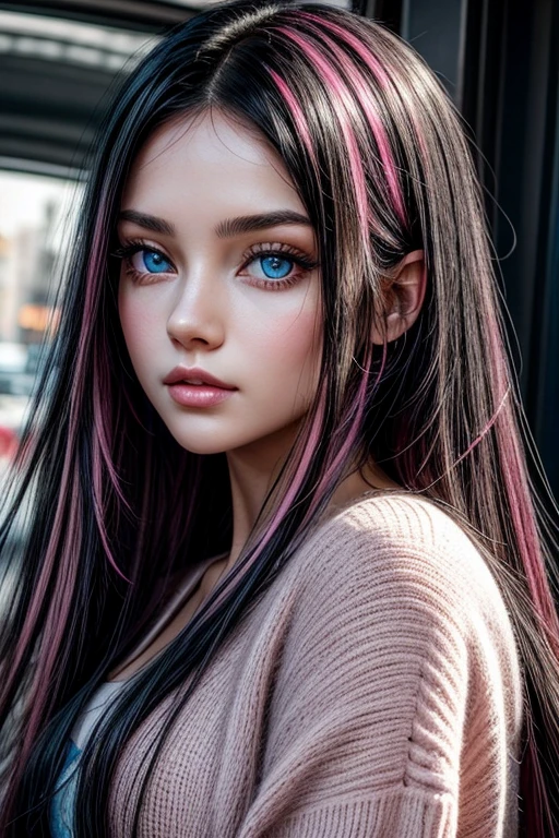a beautiful young woman, long black hair and pink highlights, blue eyes.