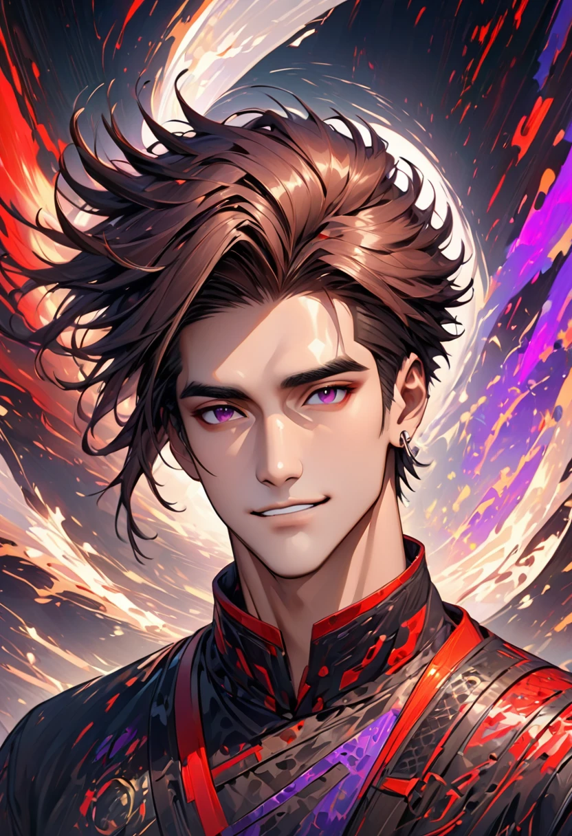 High-resolution square icon, close-up of a cool-looking young adult male face, including the following features:
- Age: 25 years old
- Expression: Confident gaze, with a slightly challenging smile
- Hairstyle: Two-block cut with an up-bangs style, swept back like an undercut
- Sides and back cut short
- Top longer and swept backwards
- Hair color: Dark brown base with subtle highlights (deep red or purple tones)
- Facial features: Sharp jawline, high cheekbones, well-defined nose bridge
- Accessories: Small silver hoop earring in one ear, subtle eyebrow piercing
Background:
- Abstract rock and roll motifs (silhouettes of electric guitars, amplifiers, musical notes)
- Overall subdued color scheme (deep burgundy or navy) with subtle neon accents
Texture:
- Apply fine grunge texture to face and hair (more delicate than sand grain)
- Rough brush strokes and splatter effects in the background
Style:
- Contrasting, mature color palette
- Combine semi-realistic depiction with stylized edges
- Lighting: Soft light from an upper angle, creating dimensional shadows
Additional notes:
- Balance mature male charm with a rock atmosphere
- Overall composition should be sophisticated and eye-catching
I've translated the prompt into English, maintaining all the key elements and details from the Japanese version. This English prompt can be used with AI art generators that prefer or require English input.
The prompt includes all the specifics you requested:
1. A 25-year-old adult male model
2. Two-block haircut with up-bangs swept back in an undercut style
3. Stylish and rock-inspired elements
4. Colorful yet sophisticated appearance