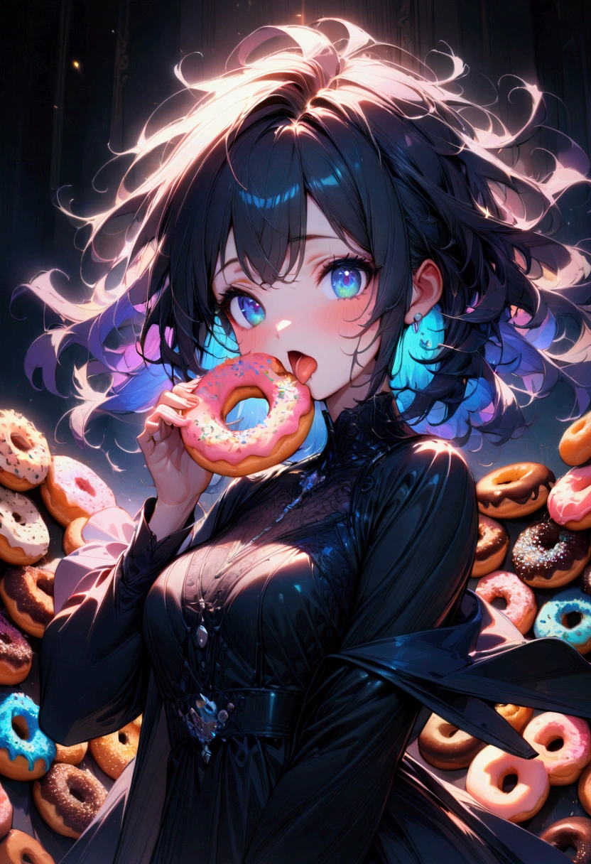 1girl, Eating Donuts, a girl eating delicious donuts, detailed face, beautiful blue eyes, cute expression, mouth open, long eyelashes, messy hair, detailed skin texture, colorful sprinkled donuts, detailed pastry, warm lighting, 8k, highly detailed, masterpiece, best quality, very aesthetic, absurdres
