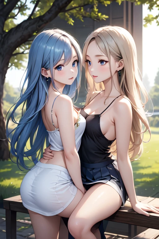 (masterpiece, best quality:1.2), 4K, 8K, Intricate details, Art Station, Solitary, A girl, Mature woman, National Foundation,4K,masterpiece,((Face Focused)),((Symmetrical facial features)),Pay attention to detail,Beautiful woman,Excellent style,Beautiful Feet,(Small butt,Thin thighs),Facial details,Small earrings,((camisole、Flared skirt、High heel)),early morning,Tree-lined park,(Two Staring at Each Other),Blue blonde hair,Two Women