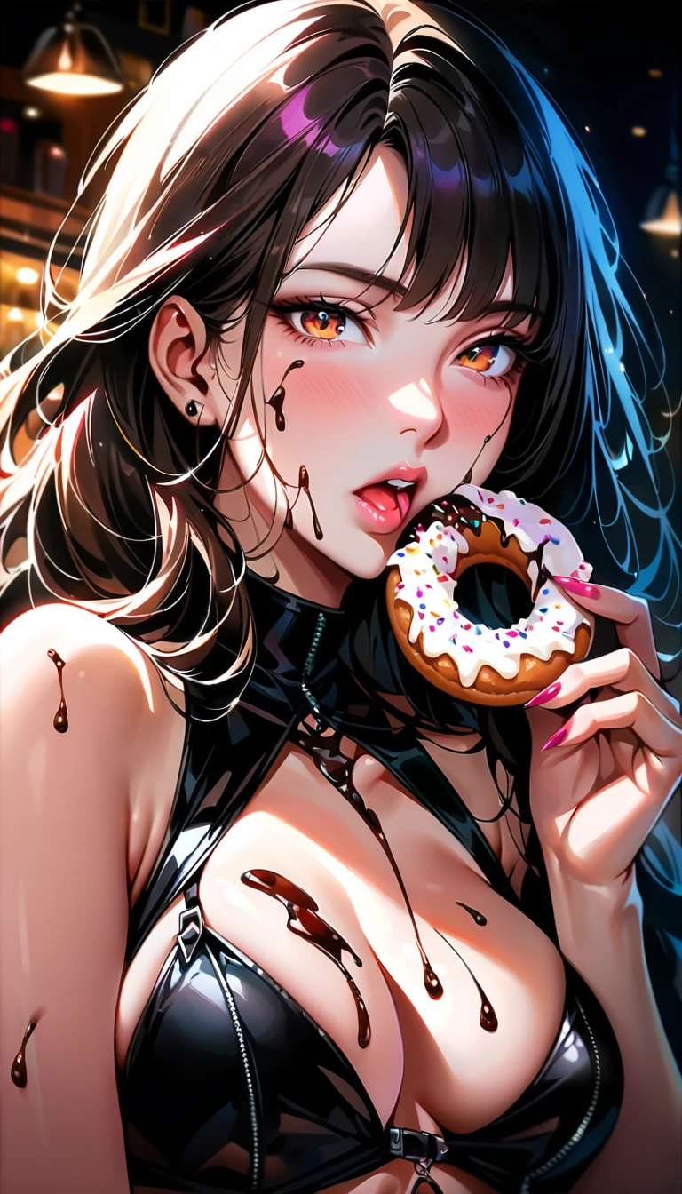 a gorgeous woman in a seductive pose, eating a chocolate doughnut, her face and body covered in chocolate and icing, messy and sensual, 1girl, beautiful detailed eyes, beautiful detailed lips, extremely detailed face and skin, long eyelashes, high quality, 8k, photo-realistic, professional,  seductive, indulgent, tempting, decadent, dirty, messy, chocolate, doughnut, pastry, food, dessert, icing, sugary, sweet, sensual, alluring, erotic, provocative