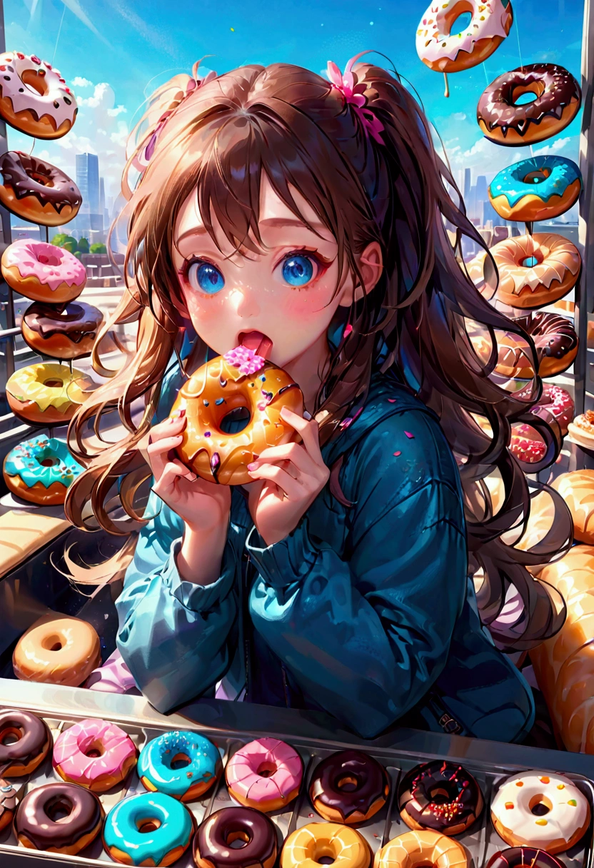 1girl, Eating Donuts, a girl eating delicious donuts, detailed face, beautiful blue eyes, cute expression, mouth open, long eyelashes, messy hair, detailed skin texture, colorful sprinkled donuts, detailed pastry, warm lighting, 8k, highly detailed, masterpiece, best quality, very aesthetic, absurdres