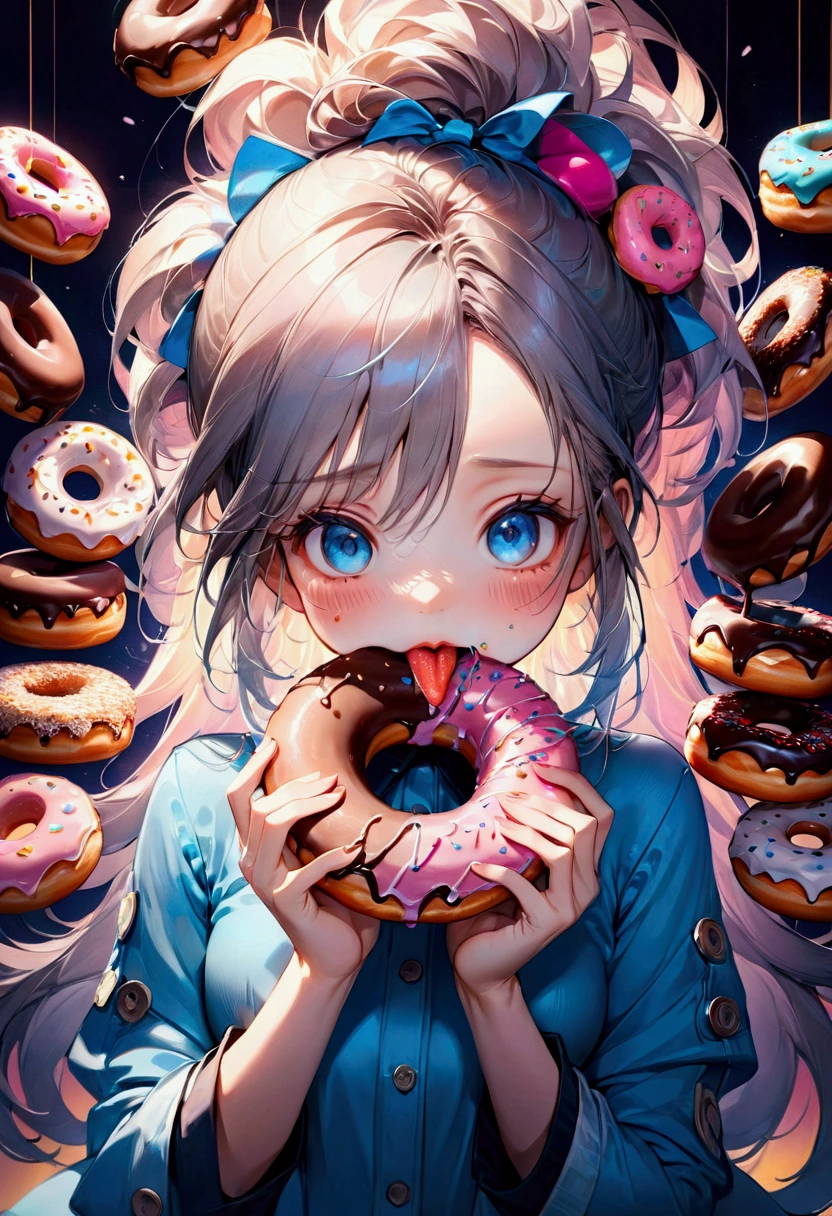 1girl, Eating Donuts, a girl eating delicious donuts, detailed face, beautiful blue eyes, cute expression, mouth open, long eyelashes, messy hair, detailed skin texture, colorful sprinkled donuts, detailed pastry, warm lighting, 8k, highly detailed, masterpiece, best quality, very aesthetic, absurdres