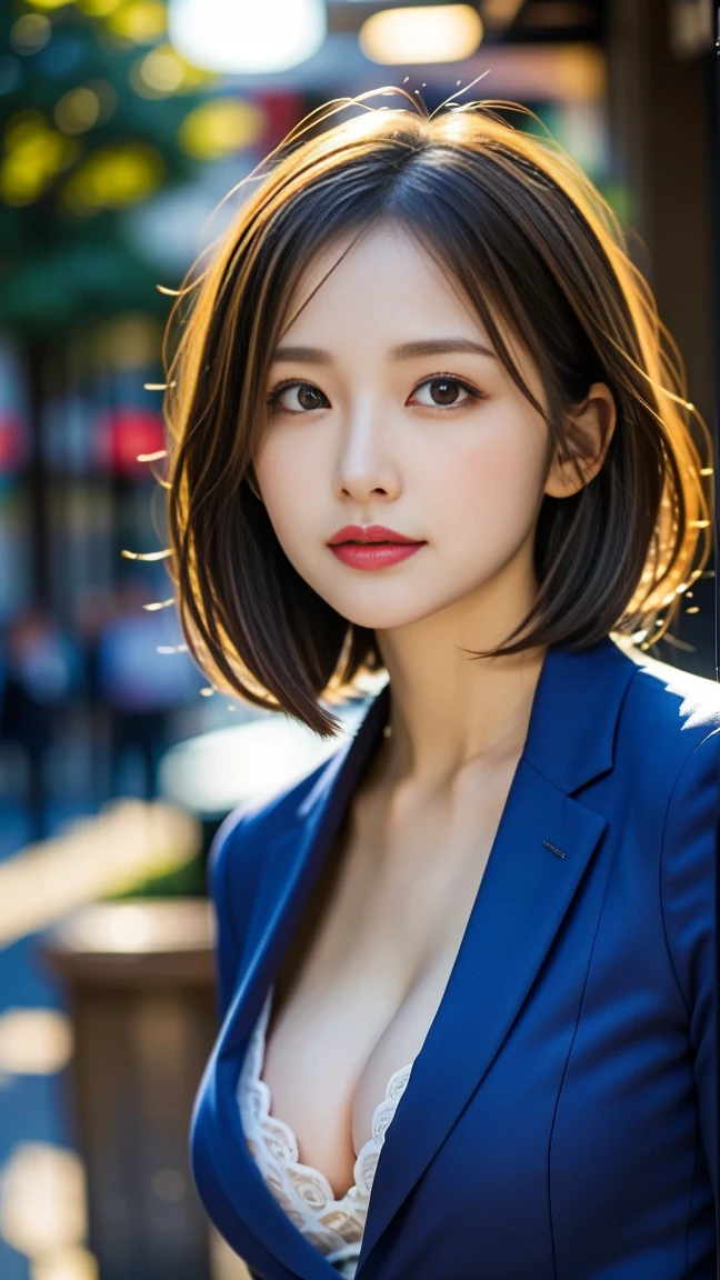 Tabletop, Highest quality, figure, Super detailed, In detail, High resolution, 8k wallpaper, Perfect dynamic composition, Beautiful fine details,  Natural Lip,blazer ,, Cleavage, whole body