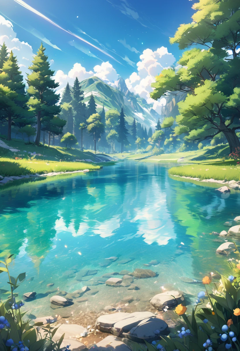 (8k digital nature photography:1.2),
(a summer landscape:1.1) with trees in the distance,
glowing blue clear berries
faetastic, beatifull landscape, charming river