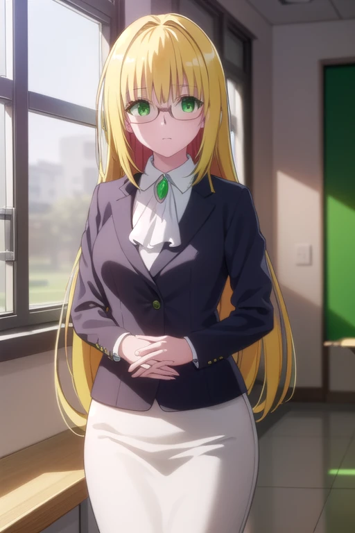 tearjulunatique, tearju lunatique, long hair, blonde hair, (green eyes:1.5), sidelocks, glasses, BREAK shirt, collared shirt, white shirt, suit, formal suit, long sleeves, ascot, white ascot, gemstone, green gemstone, skirt, pencil skirt, BREAK indoors, classroom, BREAK looking at viewer, BREAK high resolution, unity 8k wallpaper, (beautiful detailed eyes:1.6), extremely detailed face, perfect lighting, extremely detailed CG, (perfect hands, perfect anatomy), (Old man grabs her breasts:1.5), Very embarrassed, Troubled laughter, 3 old man, (cowboy shot:1.5), (illustration:0.8), (masterpiece:1.2)