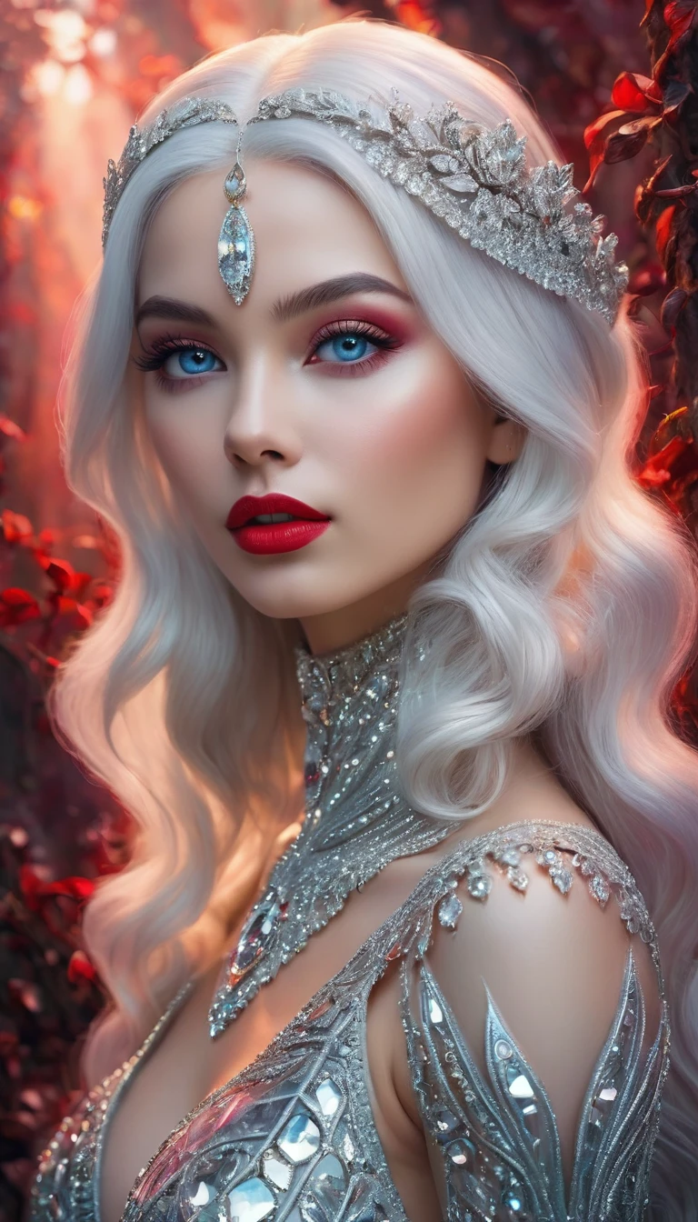 (Best quality,4K,8 K,a high resolution,masterpiece:1.2),ultra detailed,realistic,photo realistic:1.37,"(Best quality,ultra detailed,realistic:1.1),Alien girl made of diamond,Transparent skin,beautiful detailed eyes,beautiful detailed plump red lips,Exotic Features, long, thick eyelashes ,shiny iridescent white hair,luminous diamond accessories,ethereal presence, middle:oil painting, with mystical background,Fairytale landscape, portraits, Dark,contrasting colors,soft ,Subtle lighting effects"(nsfv:1.3)