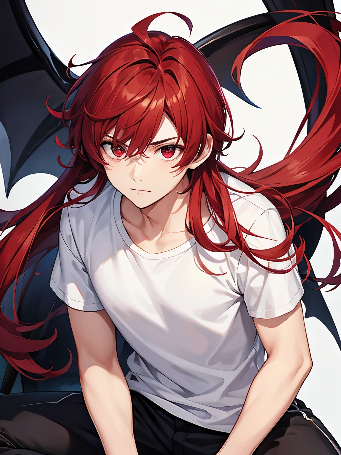 1boy,18 years old,slight smile,Holding a sickle,cool,middle parted hairstyle,Curly hair, red hair, red eyes, long hair, vampire, handsome,,half hody photo, close up photo,White t-shirt,Short sleeve t-shirt,,black trousers