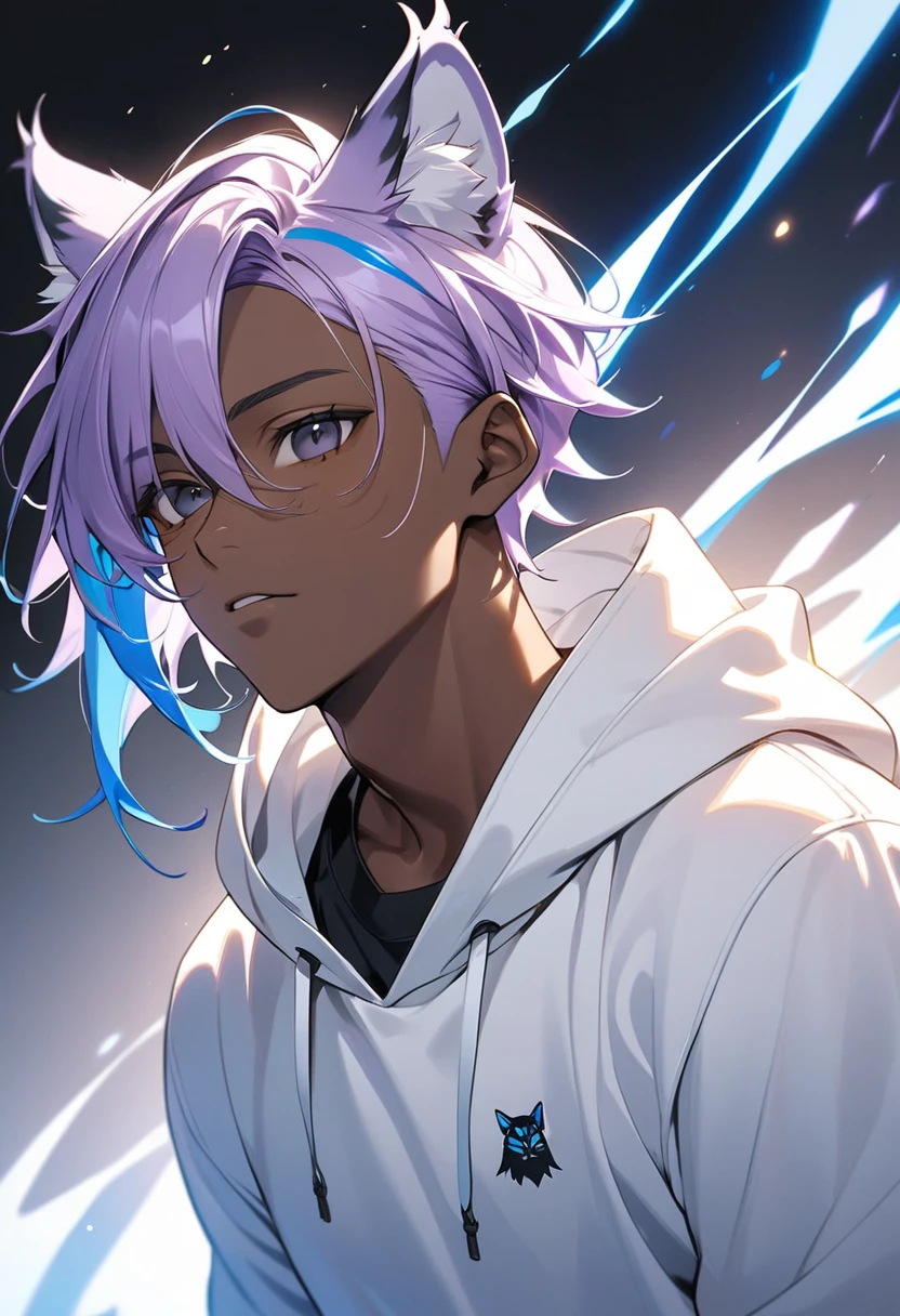 dark skin man, long light purple hair with a bright blue streak and black eyes with ears like a lynx and a white sweatshirt