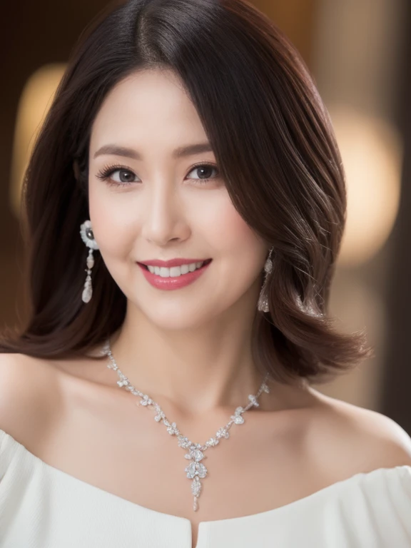 (Solo:1.3),8K, Best quality, Masterpiece, Realistic, Super detail, f/1.2, 85mm, Nikon, Smiling woman with shiny hair, Natural makeup, 50 years old woman, white off-shoulder tops，Ruffled sleeves, Diamond pendant necklace, Emphasize chest, waist shot,