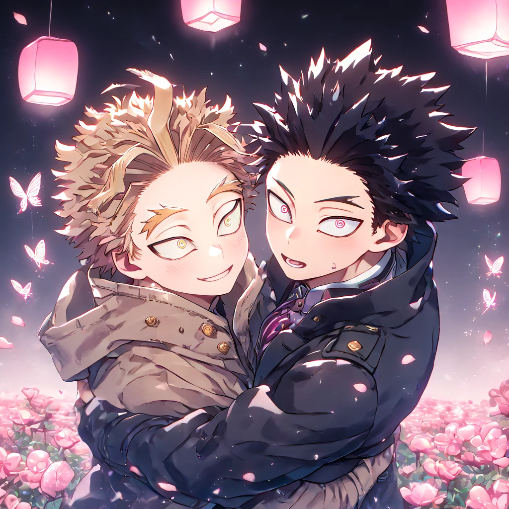 absurd resolution, high resolution, ultra detailed, detailed eyes, delicated features, extremely detailed, HDR, 8K, Hawks, ash-blonde hair, expressive golden eyes, Boku No Hero Academia, Megumi, black hair, messy hair, expressive red eyes, two sexy men together, yaoi, gay couple, handsome, brown coat with fur, black coat, fantasy, cool, magical, pink glittering butterflies, pink dust flying around, pink flowers, pink petals, pink lanterns, pink blossoms