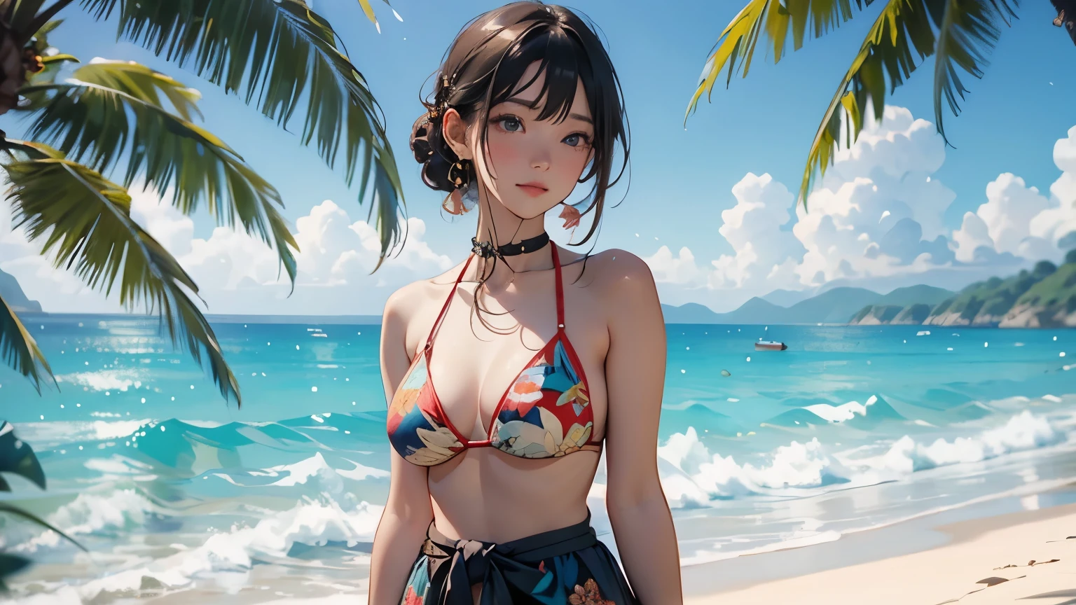 ((Highest quality, masterpiece, High resolution)), ((reality))、4K Digital Art、8K high quality, detailed art、((Anime Art))、wallpaper、Cinema Angle、(((Three beautiful girls)))、((Hand in hand))、Cute Face、 ((Detailed depiction of a beautiful face))、Smiling Kindly、young、Bikini Swimwear、Photorealistic perfect body、(A pareo with bold ethnic patterns and primary colors wrapped around the waist and skirt.)、particles of Light、Light、tropical、cinematic Light、Dark Background、soft Light、(No background)、On the sunny beach、With the sea in the background、Blur the background、