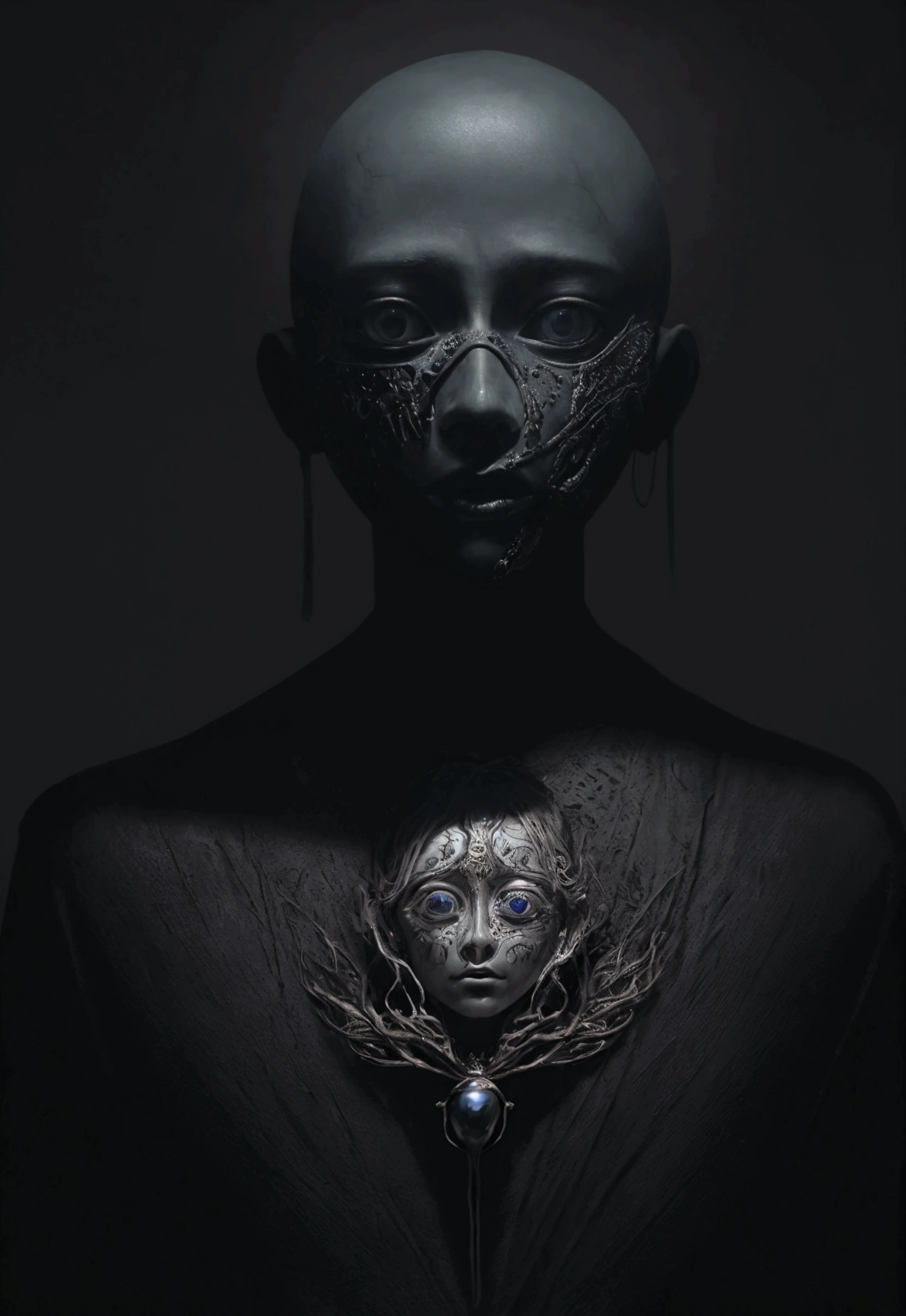 Stunning surreal art: front view emotional formless bizarre humanoid beggar face mask floating in darkness, vogue and Gucci style, minimalism photo, minimalistic, porosity, intricate details, rough texture, colorful top light, perfect crop, volumetric, super detailed, octane render, cinematic lighting, film grain