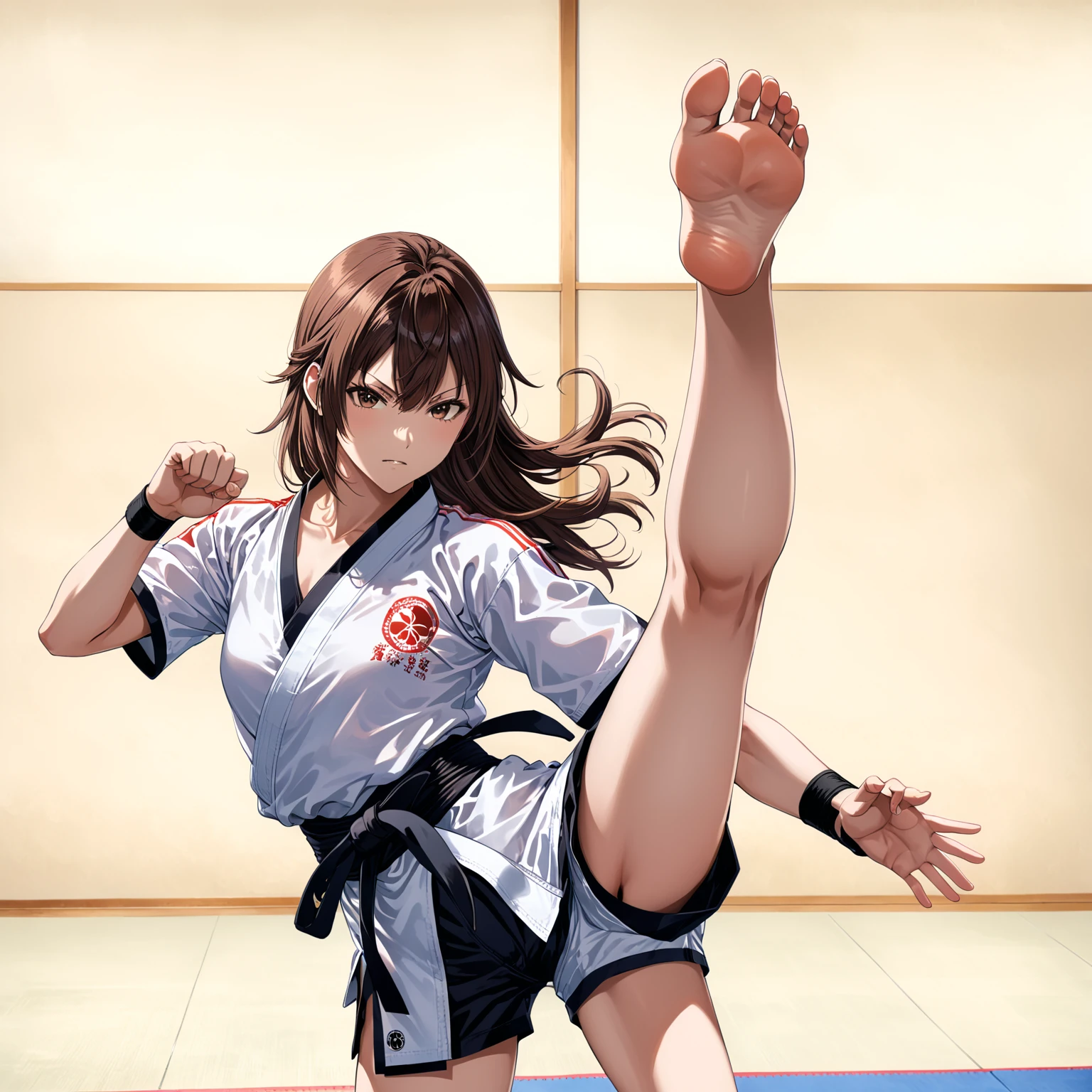 (in style of Takeshi Obata:1.3), suou yuki, brown hair, angry stare, wearing karate uniform with short sleeves, wearing sports shorts, standing on one leg, high kick, barefoot, accurate foot, accurate hands, barehands, fighting pose, martial arts, in a dojo, perfect proportions, full body portrait of a girl, (best quality,8K,high resolution,ultra-detailed,masterpiece)