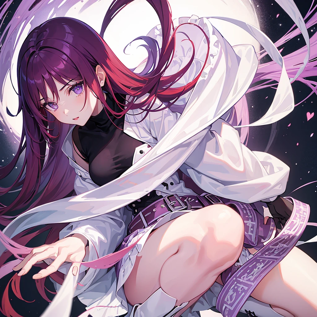 Bare shoulders,Plump breasts,tights,Holding the broken red rose in hand,long purple hair,magic circle
