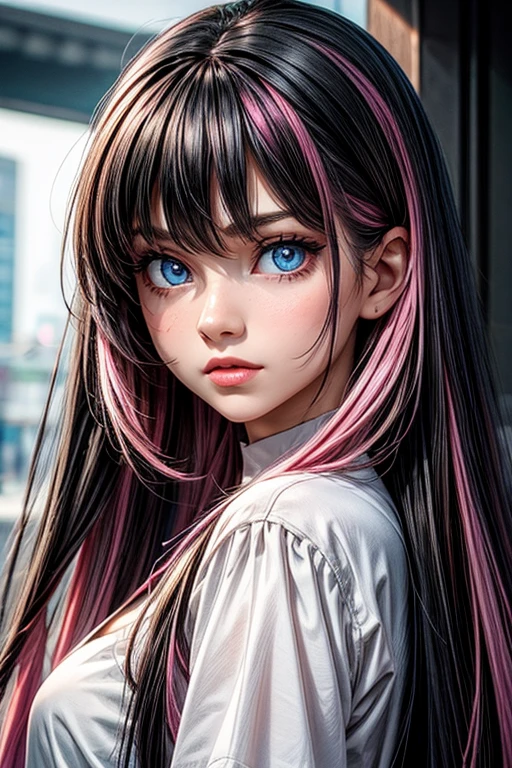 a beautiful young woman, long black hair and pink highlights, blue eyes.