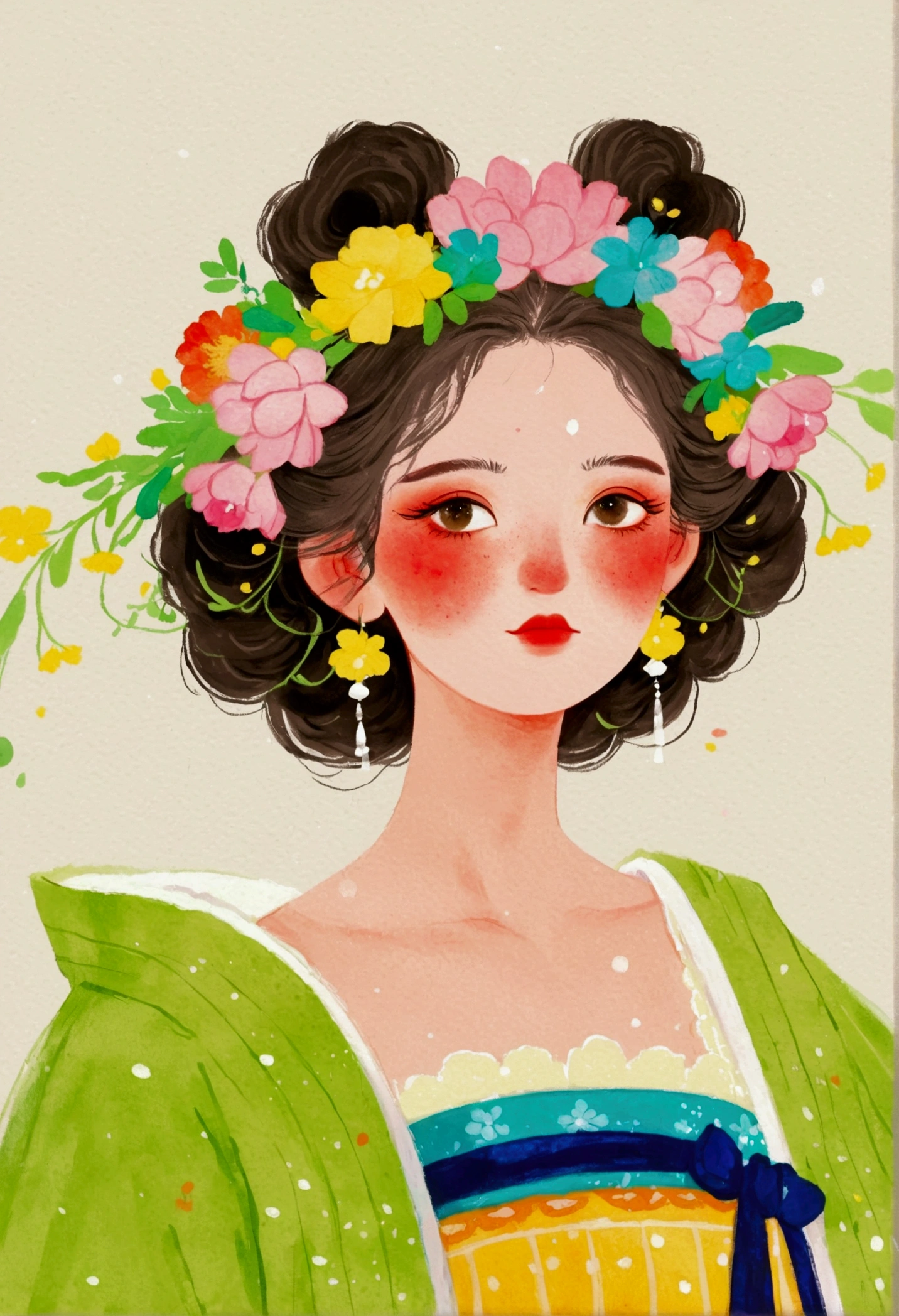 A painting of a woman wearing a flower crown, Beautiful character painting, palace , Girl wearing Hanfu, Beautiful digital illustrations, A beautiful artistic illustration, flower queen, Beautiful digital illustrations, flower queen, Mei Qing, Ni Duan, Juster Battle, inspired by Jin Nong, Chinese Princess, Traditional Beauty, Inspired by Lan Ying