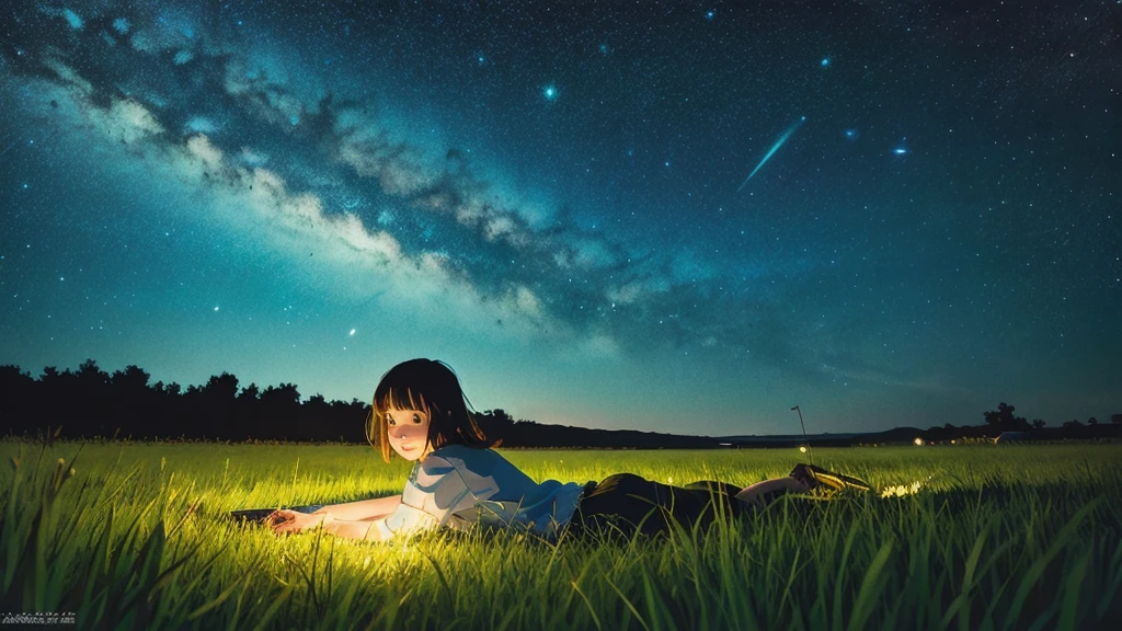 Lying in the field、Girl from behind、A starry sky、Wide-angle night view、Ghibli-style anime、Studio Ghibli、Ghibli Art、Ghibli Style